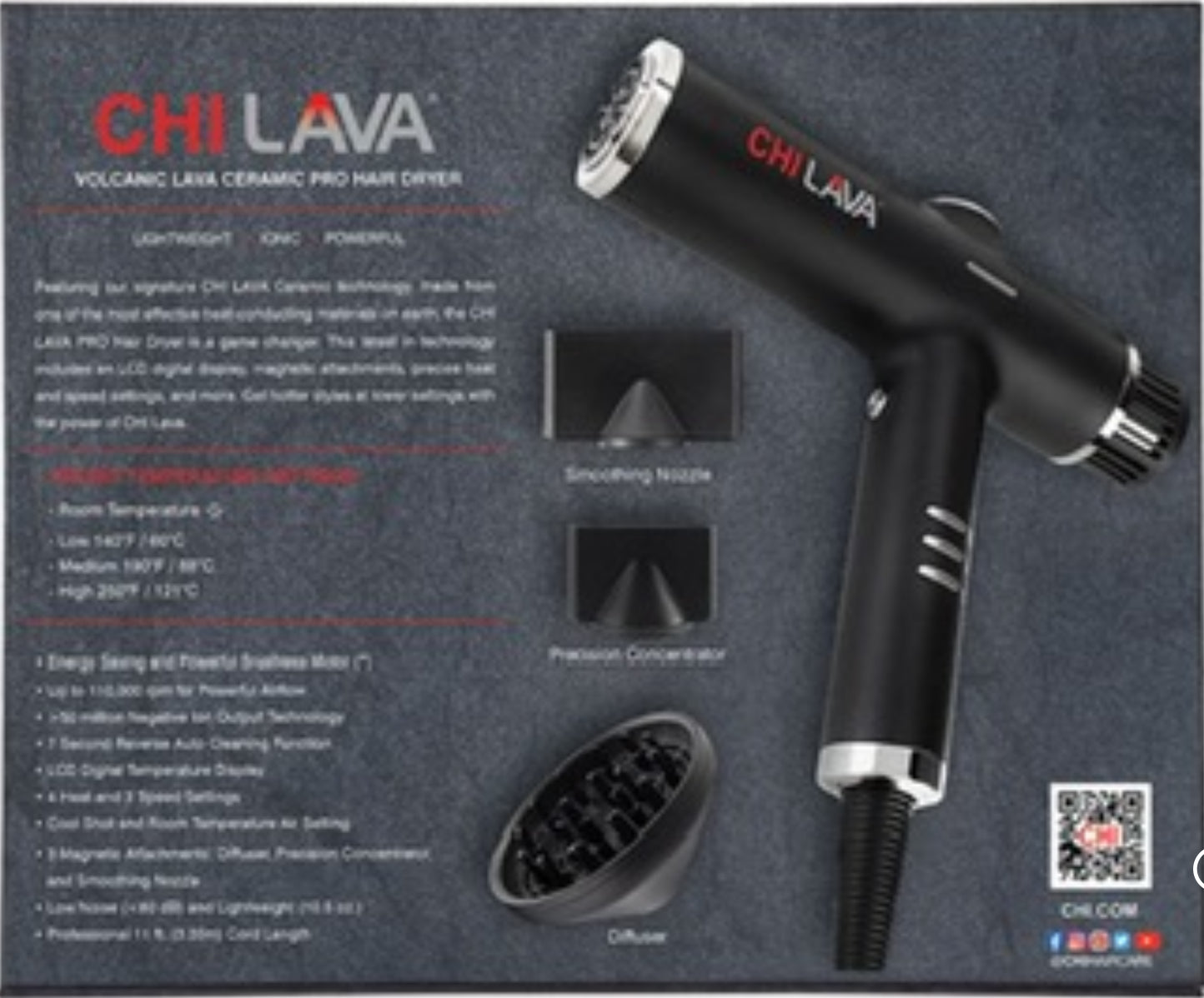 CHI LAVA VOLCANIC LAVA CERAMIC PRO HAIR DRYER LIGHTWEIGHT IONIC POWERFUL